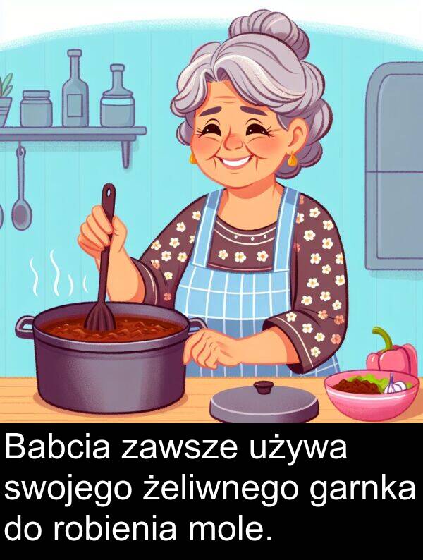 żeliwnego: Babcia zawsze używa swojego żeliwnego garnka do robienia mole.