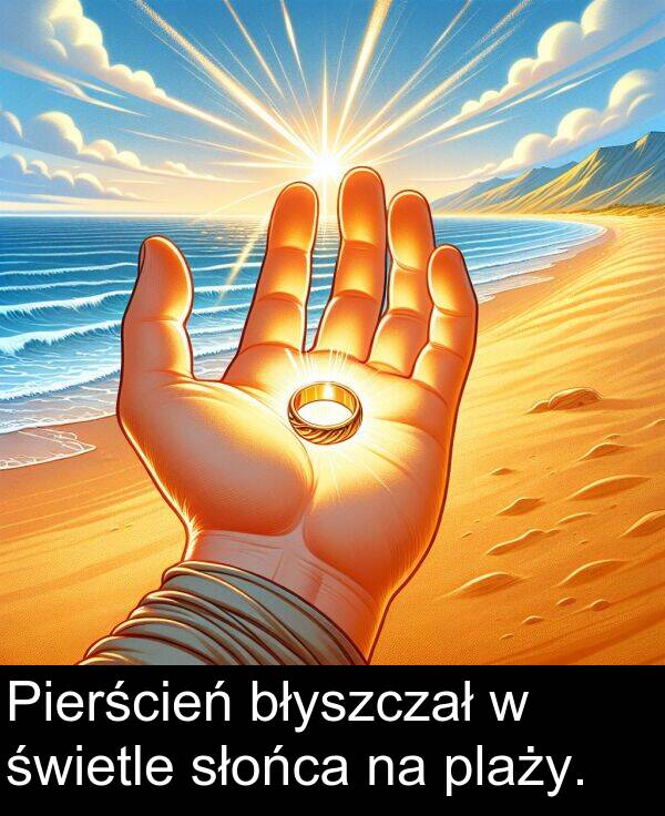 plaży: Pierścień błyszczał w świetle słońca na plaży.