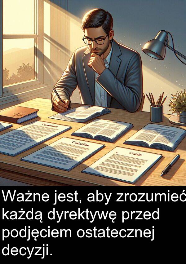 każdą: Ważne jest, aby zrozumieć każdą dyrektywę przed podjęciem ostatecznej decyzji.