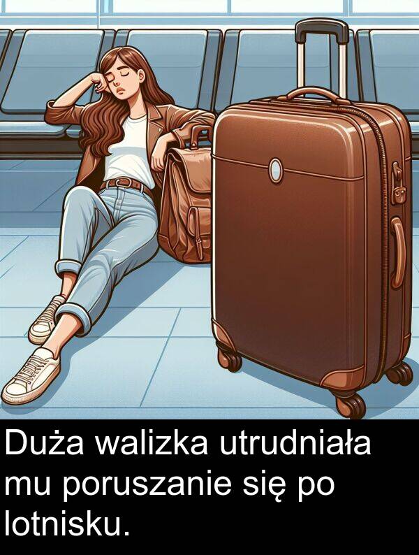 lotnisku: Duża walizka utrudniała mu poruszanie się po lotnisku.