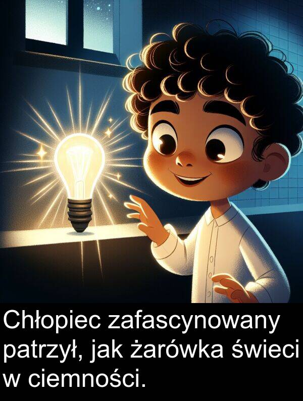 zafascynowany: Chłopiec zafascynowany patrzył, jak żarówka świeci w ciemności.