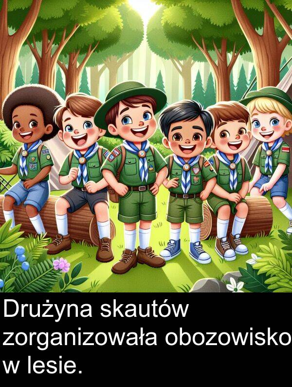 zorganizowała: Drużyna skautów zorganizowała obozowisko w lesie.