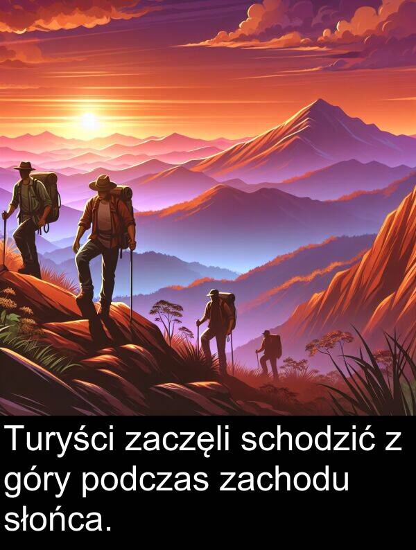 zaczęli: Turyści zaczęli schodzić z góry podczas zachodu słońca.