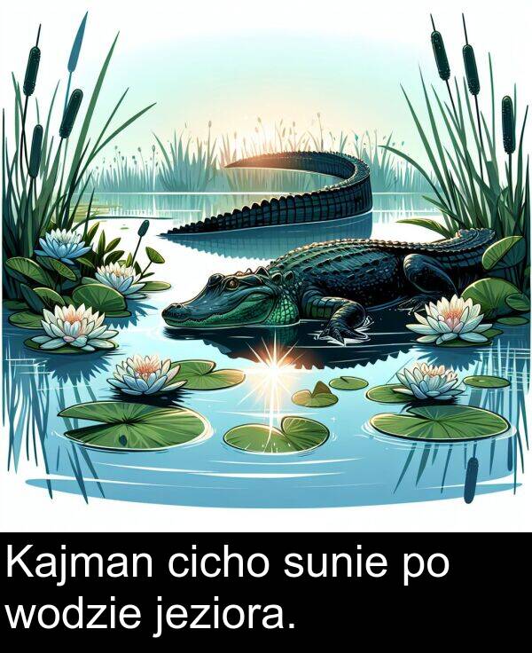 wodzie: Kajman cicho sunie po wodzie jeziora.