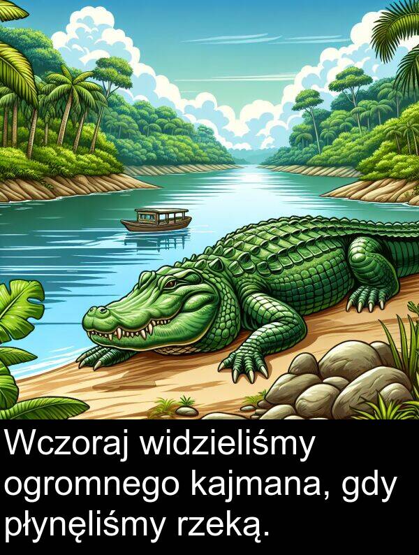 płynęliśmy: Wczoraj widzieliśmy ogromnego kajmana, gdy płynęliśmy rzeką.