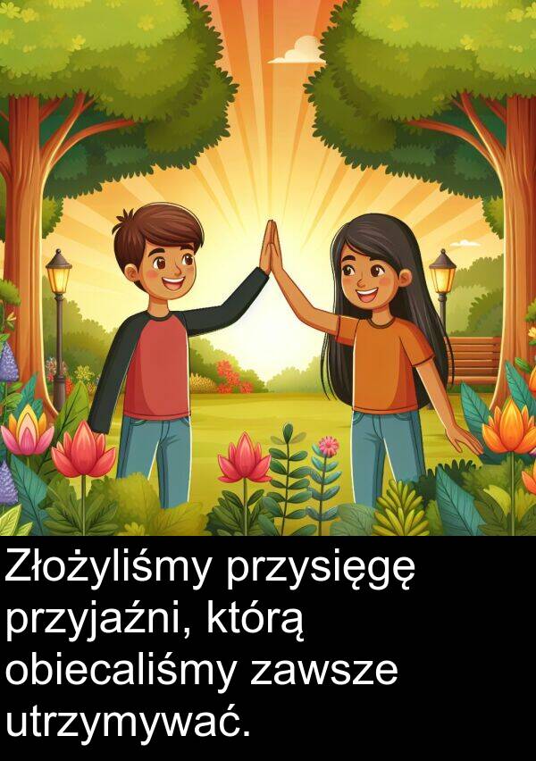 przyjaźni: Złożyliśmy przysięgę przyjaźni, którą obiecaliśmy zawsze utrzymywać.