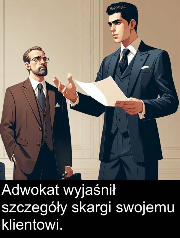 wyjaśnił: Adwokat wyjaśnił szczegóły skargi swojemu klientowi.