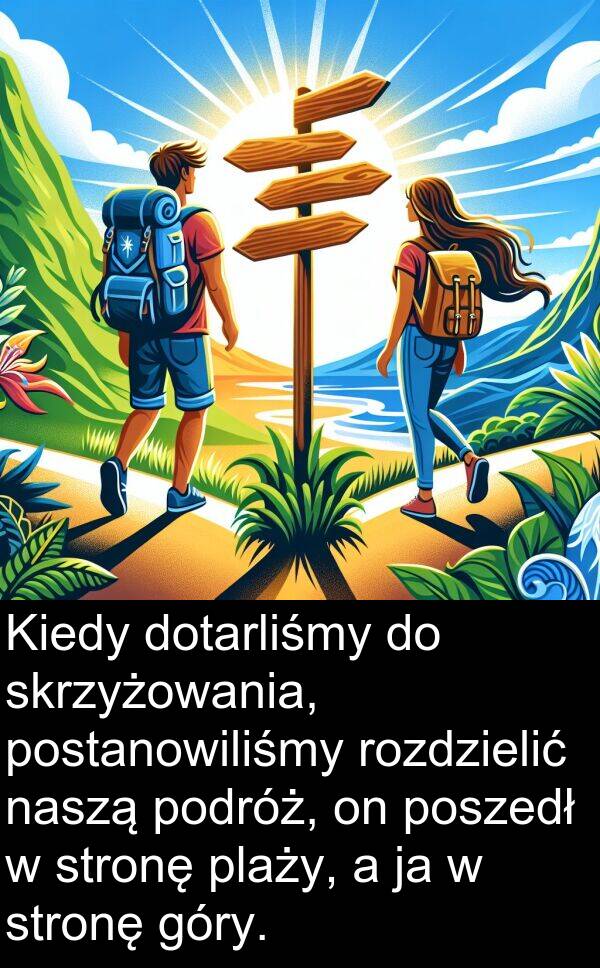 góry: Kiedy dotarliśmy do skrzyżowania, postanowiliśmy rozdzielić naszą podróż, on poszedł w stronę plaży, a ja w stronę góry.