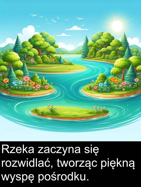 zaczyna: Rzeka zaczyna się rozwidlać, tworząc piękną wyspę pośrodku.