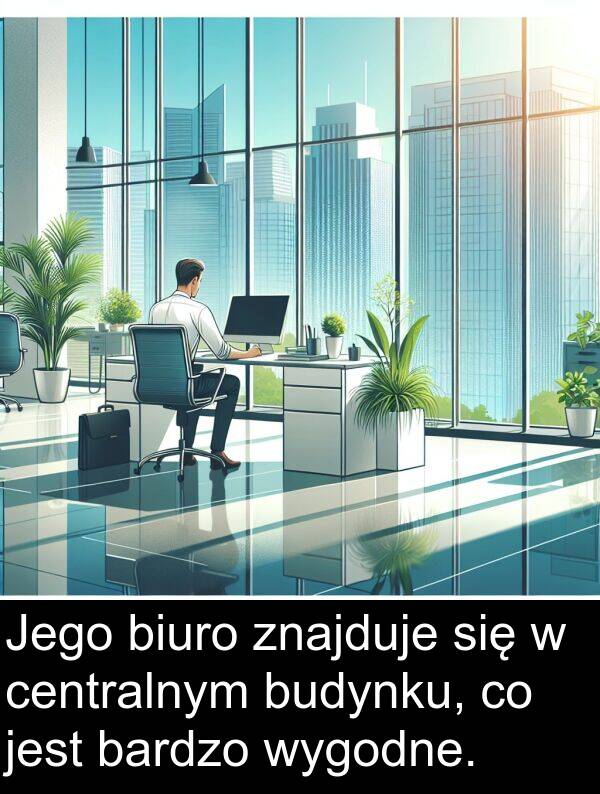znajduje: Jego biuro znajduje się w centralnym budynku, co jest bardzo wygodne.