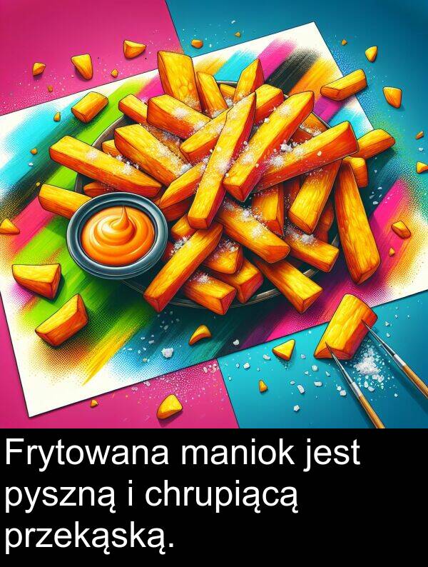 przekąską: Frytowana maniok jest pyszną i chrupiącą przekąską.