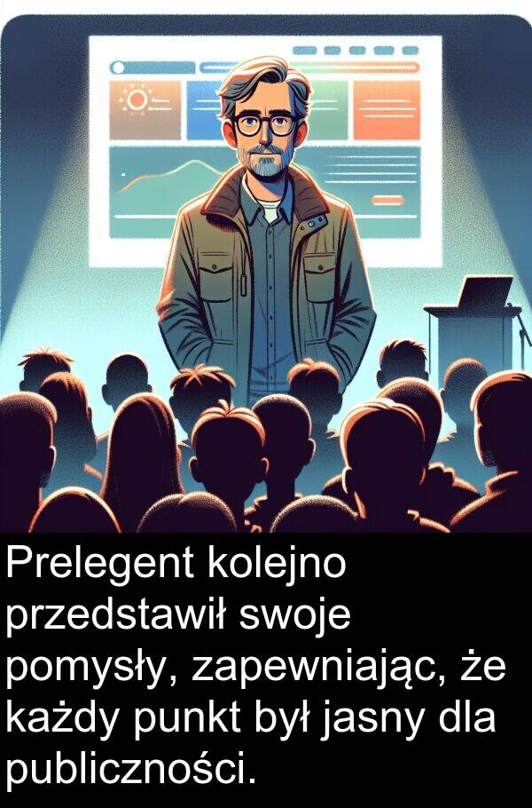 przedstawił: Prelegent kolejno przedstawił swoje pomysły, zapewniając, że każdy punkt był jasny dla publiczności.