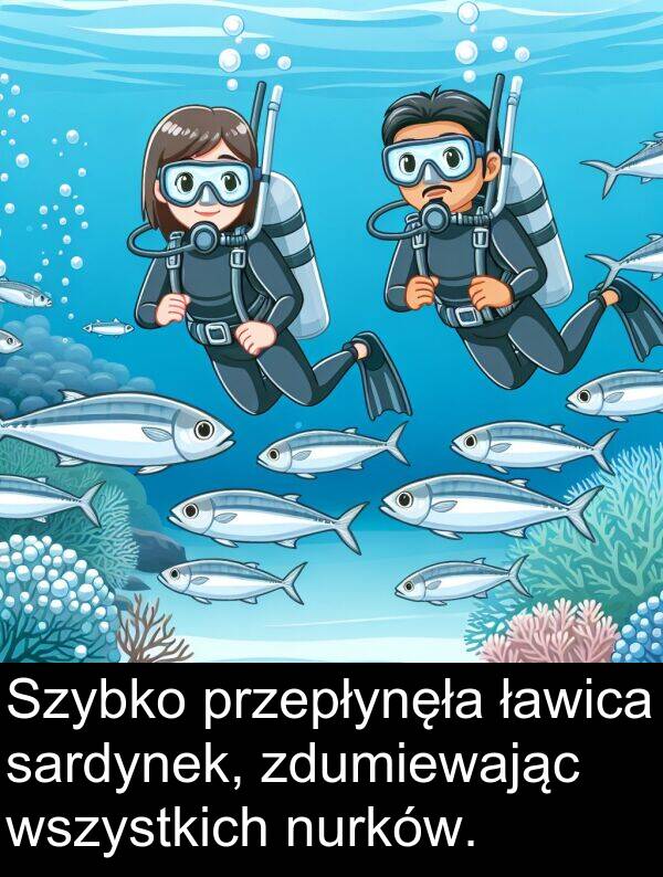 przepłynęła: Szybko przepłynęła ławica sardynek, zdumiewając wszystkich nurków.
