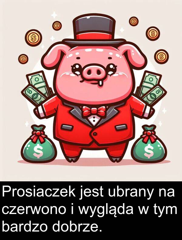 czerwono: Prosiaczek jest ubrany na czerwono i wygląda w tym bardzo dobrze.
