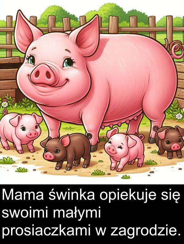 prosiaczkami: Mama świnka opiekuje się swoimi małymi prosiaczkami w zagrodzie.