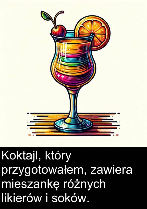 przygotowałem: Koktajl, który przygotowałem, zawiera mieszankę różnych likierów i soków.