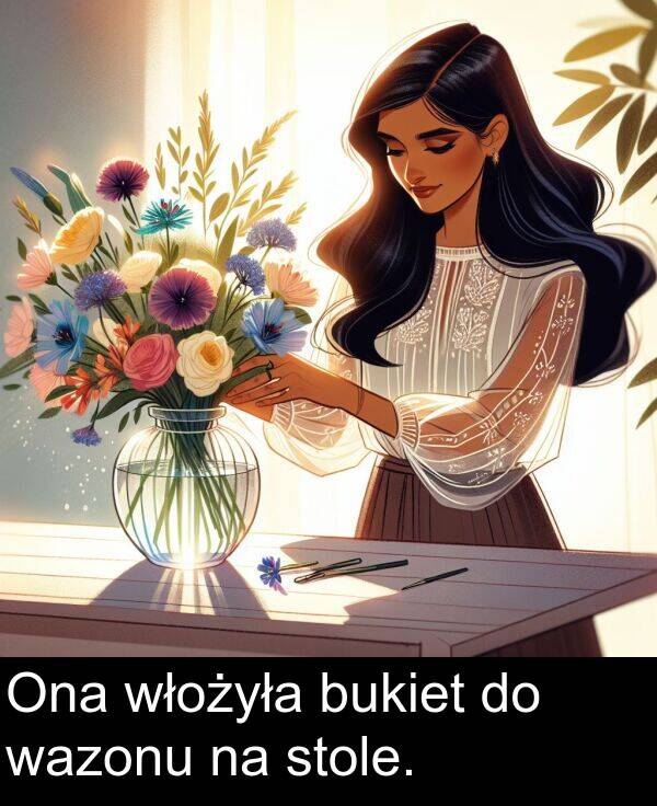 wazonu: Ona włożyła bukiet do wazonu na stole.