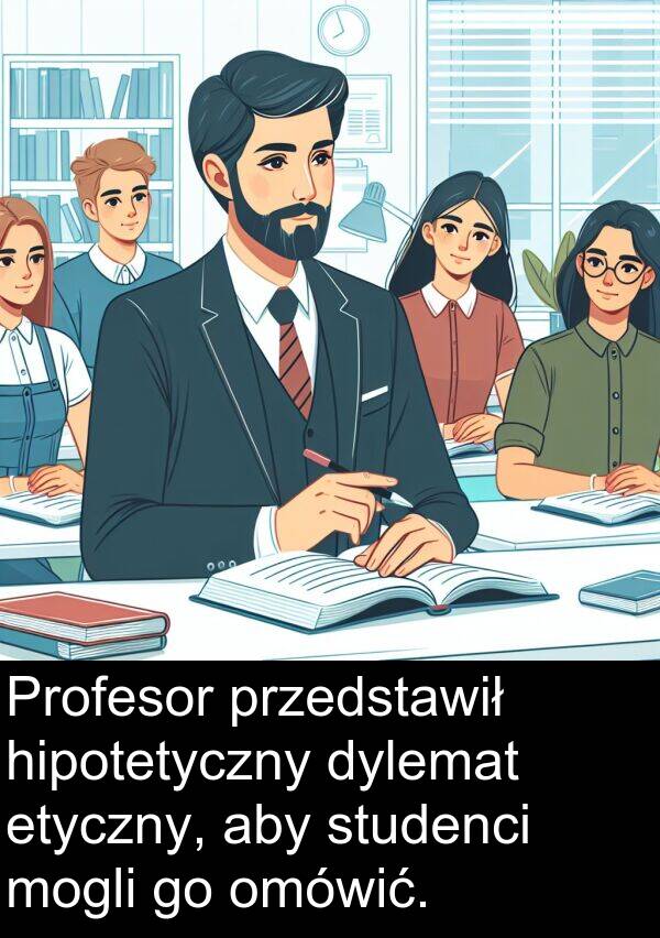 przedstawił: Profesor przedstawił hipotetyczny dylemat etyczny, aby studenci mogli go omówić.
