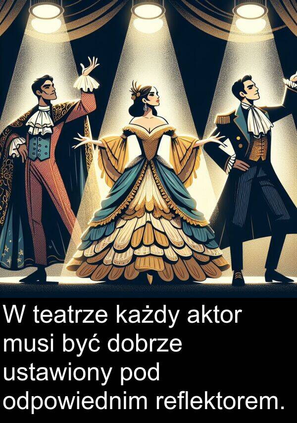 aktor: W teatrze każdy aktor musi być dobrze ustawiony pod odpowiednim reflektorem.