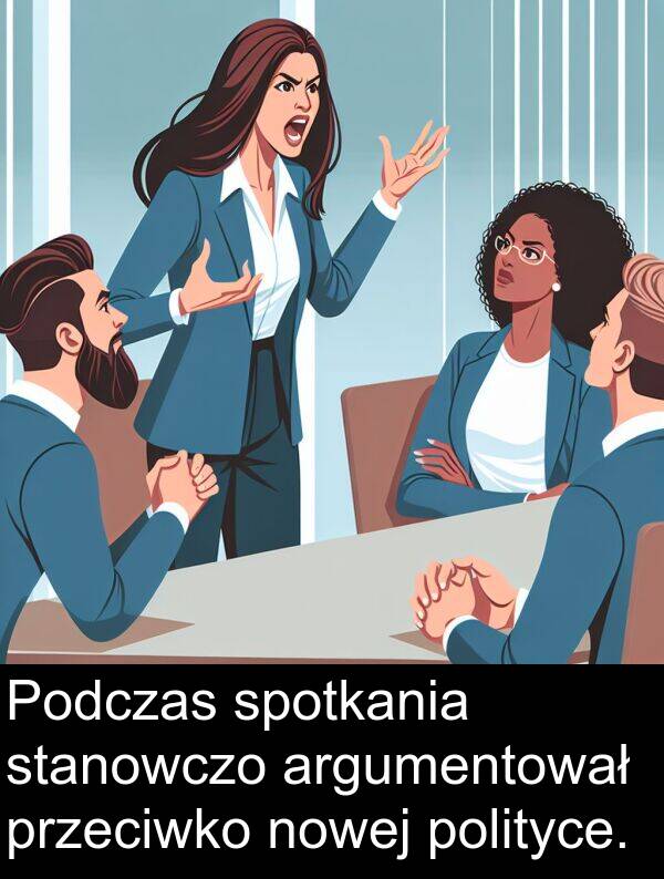 przeciwko: Podczas spotkania stanowczo argumentował przeciwko nowej polityce.