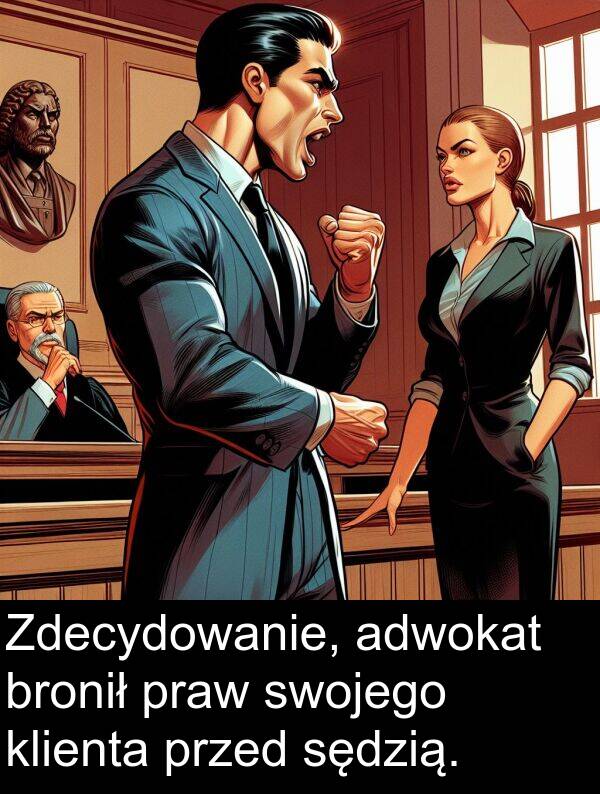 praw: Zdecydowanie, adwokat bronił praw swojego klienta przed sędzią.
