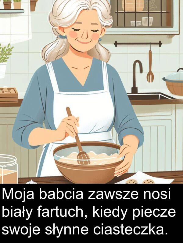 piecze: Moja babcia zawsze nosi biały fartuch, kiedy piecze swoje słynne ciasteczka.