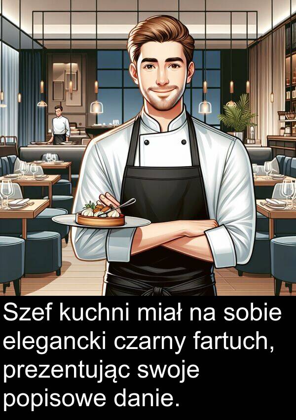 prezentując: Szef kuchni miał na sobie elegancki czarny fartuch, prezentując swoje popisowe danie.
