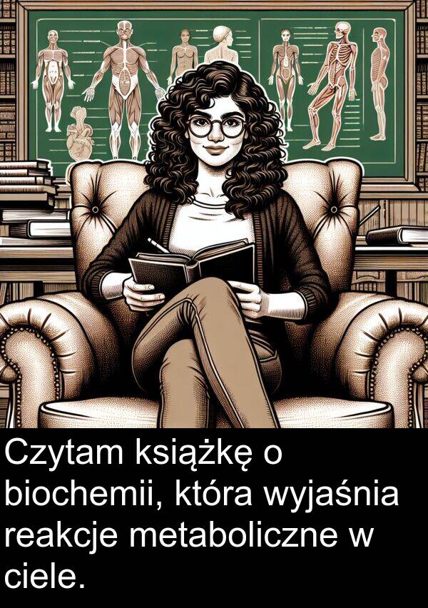 wyjaśnia: Czytam książkę o biochemii, która wyjaśnia reakcje metaboliczne w ciele.