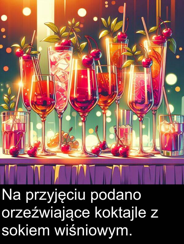 przyjęciu: Na przyjęciu podano orzeźwiające koktajle z sokiem wiśniowym.