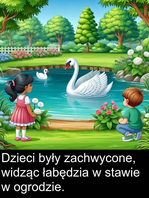 zachwycone: Dzieci były zachwycone, widząc łabędzia w stawie w ogrodzie.