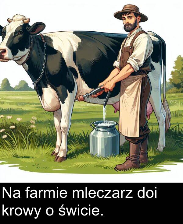 doi: Na farmie mleczarz doi krowy o świcie.