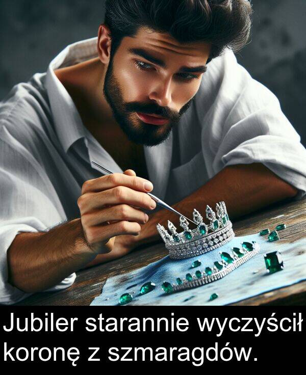 wyczyścił: Jubiler starannie wyczyścił koronę z szmaragdów.