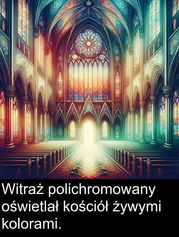 żywymi: Witraż polichromowany oświetlał kościół żywymi kolorami.