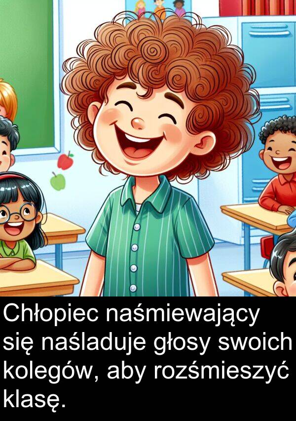 kolegów: Chłopiec naśmiewający się naśladuje głosy swoich kolegów, aby rozśmieszyć klasę.
