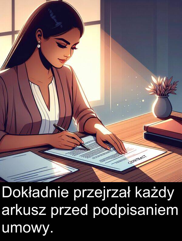 przed: Dokładnie przejrzał każdy arkusz przed podpisaniem umowy.