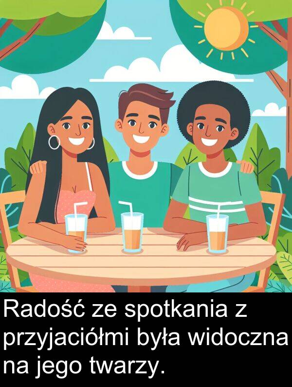 przyjaciółmi: Radość ze spotkania z przyjaciółmi była widoczna na jego twarzy.
