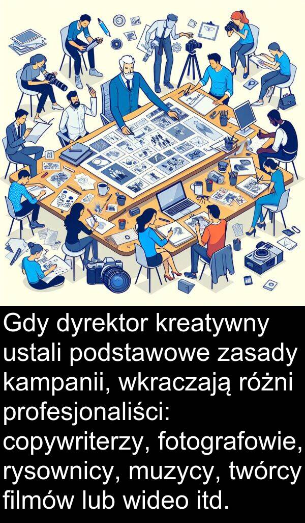 profesjonaliści: Gdy dyrektor kreatywny ustali podstawowe zasady kampanii, wkraczają różni profesjonaliści: copywriterzy, fotografowie, rysownicy, muzycy, twórcy filmów lub wideo itd.