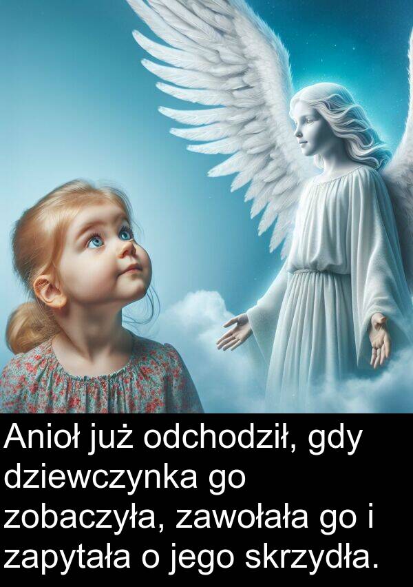 zawołała: Anioł już odchodził, gdy dziewczynka go zobaczyła, zawołała go i zapytała o jego skrzydła.