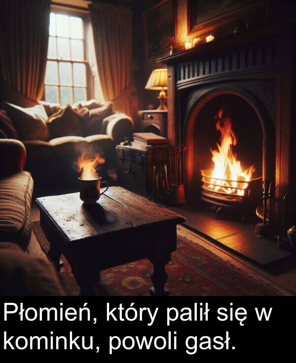 powoli: Płomień, który palił się w kominku, powoli gasł.