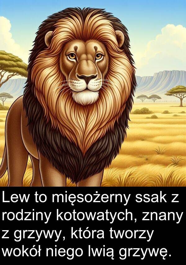 znany: Lew to mięsożerny ssak z rodziny kotowatych, znany z grzywy, która tworzy wokół niego lwią grzywę.