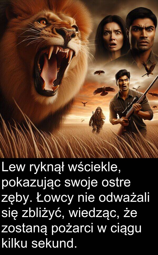 pożarci: Lew ryknął wściekle, pokazując swoje ostre zęby. Łowcy nie odważali się zbliżyć, wiedząc, że zostaną pożarci w ciągu kilku sekund.