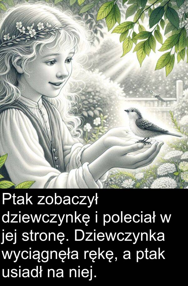 zobaczył: Ptak zobaczył dziewczynkę i poleciał w jej stronę. Dziewczynka wyciągnęła rękę, a ptak usiadł na niej.