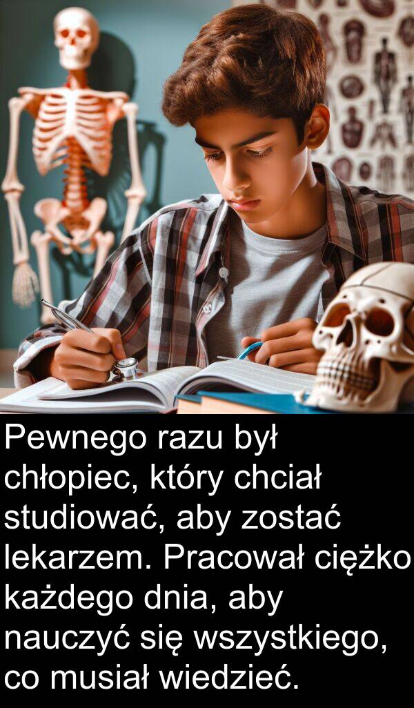 zostać: Pewnego razu był chłopiec, który chciał studiować, aby zostać lekarzem. Pracował ciężko każdego dnia, aby nauczyć się wszystkiego, co musiał wiedzieć.