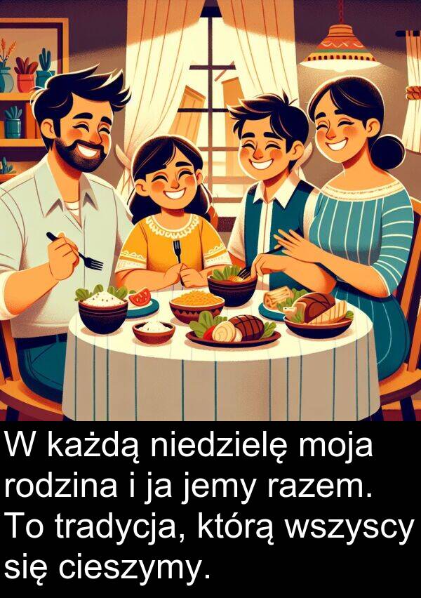 każdą: W każdą niedzielę moja rodzina i ja jemy razem. To tradycja, którą wszyscy się cieszymy.