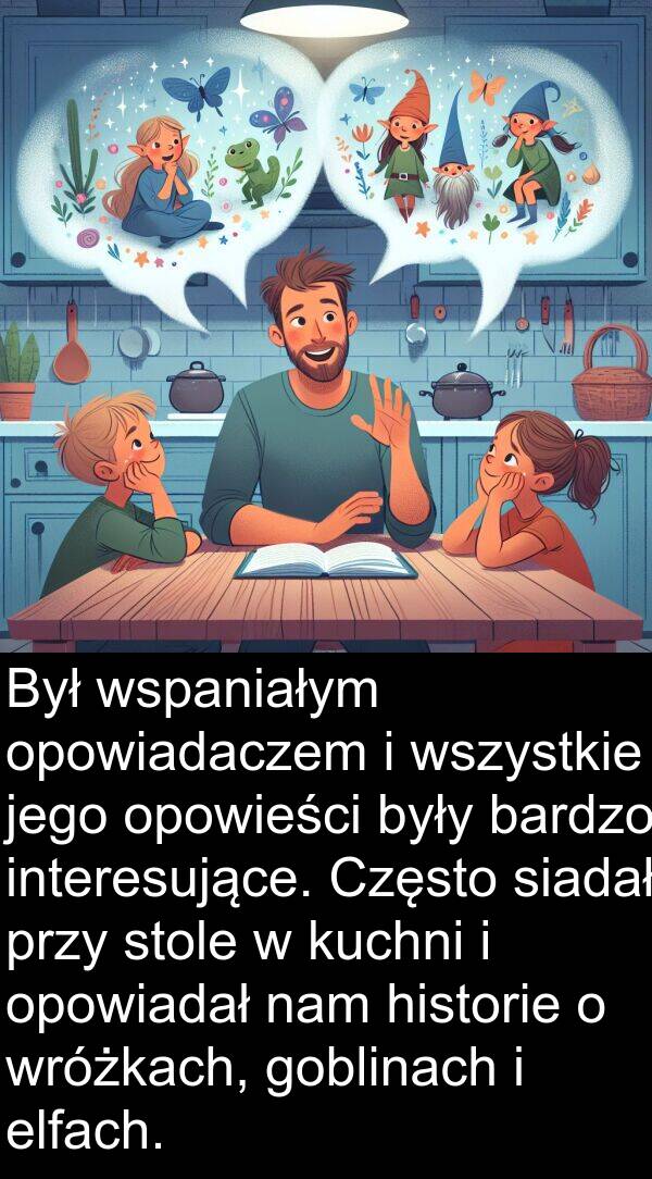 przy: Był wspaniałym opowiadaczem i wszystkie jego opowieści były bardzo interesujące. Często siadał przy stole w kuchni i opowiadał nam historie o wróżkach, goblinach i elfach.