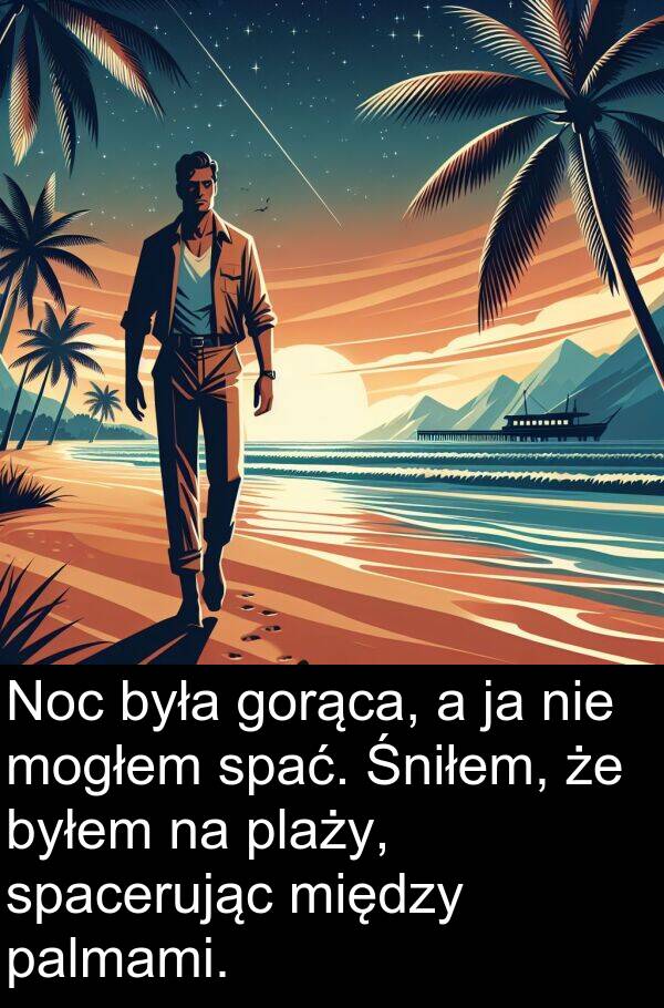 palmami: Noc była gorąca, a ja nie mogłem spać. Śniłem, że byłem na plaży, spacerując między palmami.