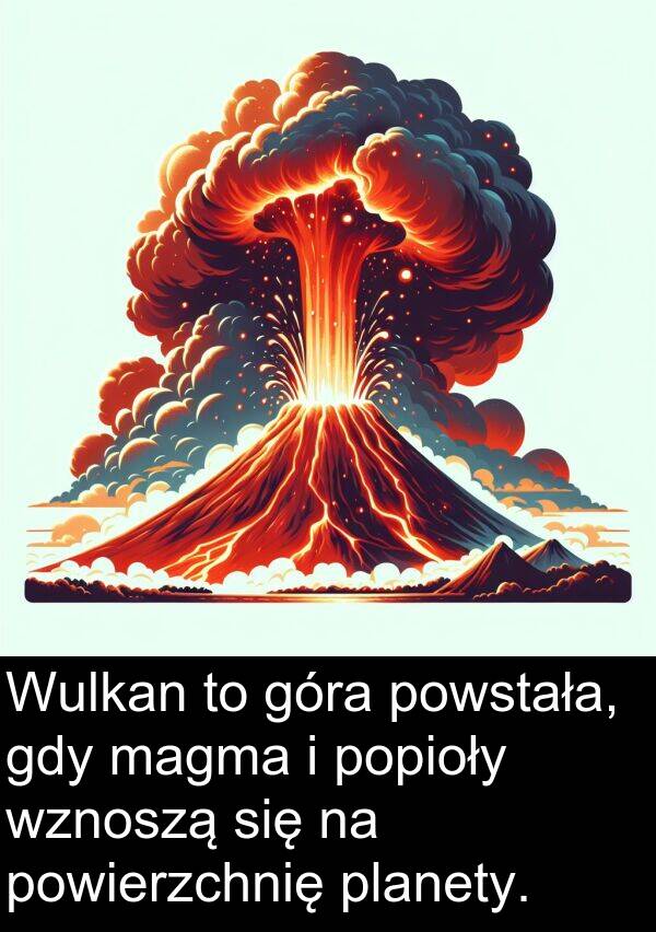 powierzchnię: Wulkan to góra powstała, gdy magma i popioły wznoszą się na powierzchnię planety.