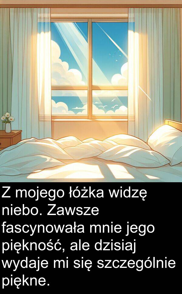 piękne: Z mojego łóżka widzę niebo. Zawsze fascynowała mnie jego piękność, ale dzisiaj wydaje mi się szczególnie piękne.