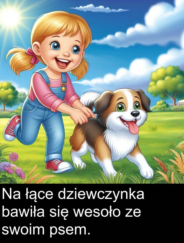 psem: Na łące dziewczynka bawiła się wesoło ze swoim psem.