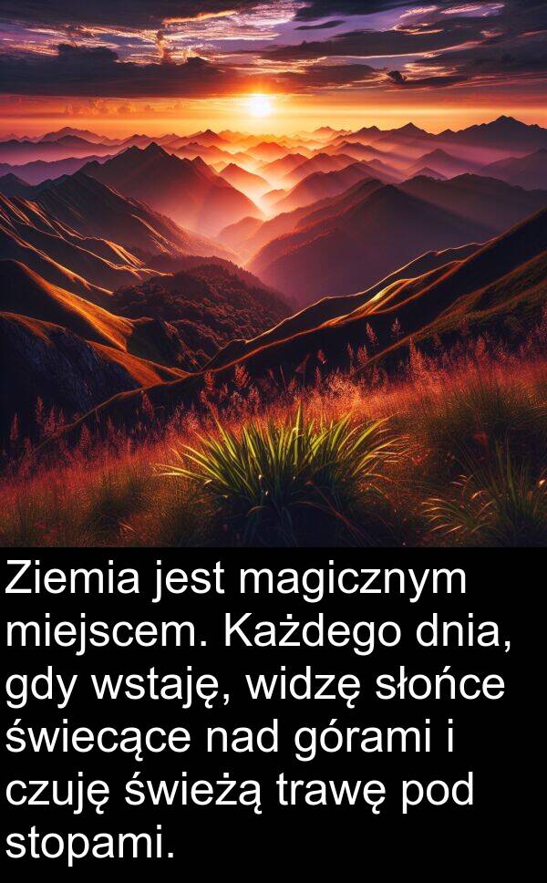 widzę: Ziemia jest magicznym miejscem. Każdego dnia, gdy wstaję, widzę słońce świecące nad górami i czuję świeżą trawę pod stopami.